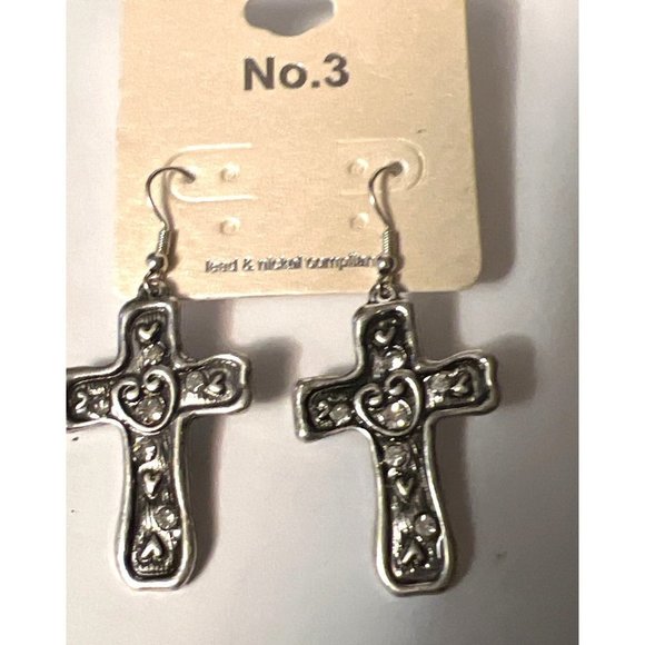 No. 3 Silver-Tone & Crystal Cross Earrings - Picture 1 of 6